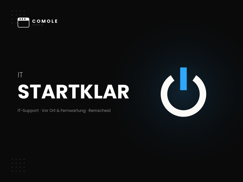 IT Startklar Remscheid nach dem Redesign: helle Seite mit Einschaltsymbol als Bildmarke und blauem Akzent